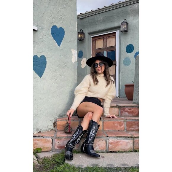 🆕Women Black Cowboy Boot with Chain Pointy Toe Heel Pull on Style Western Boots - Picture 7 of 7